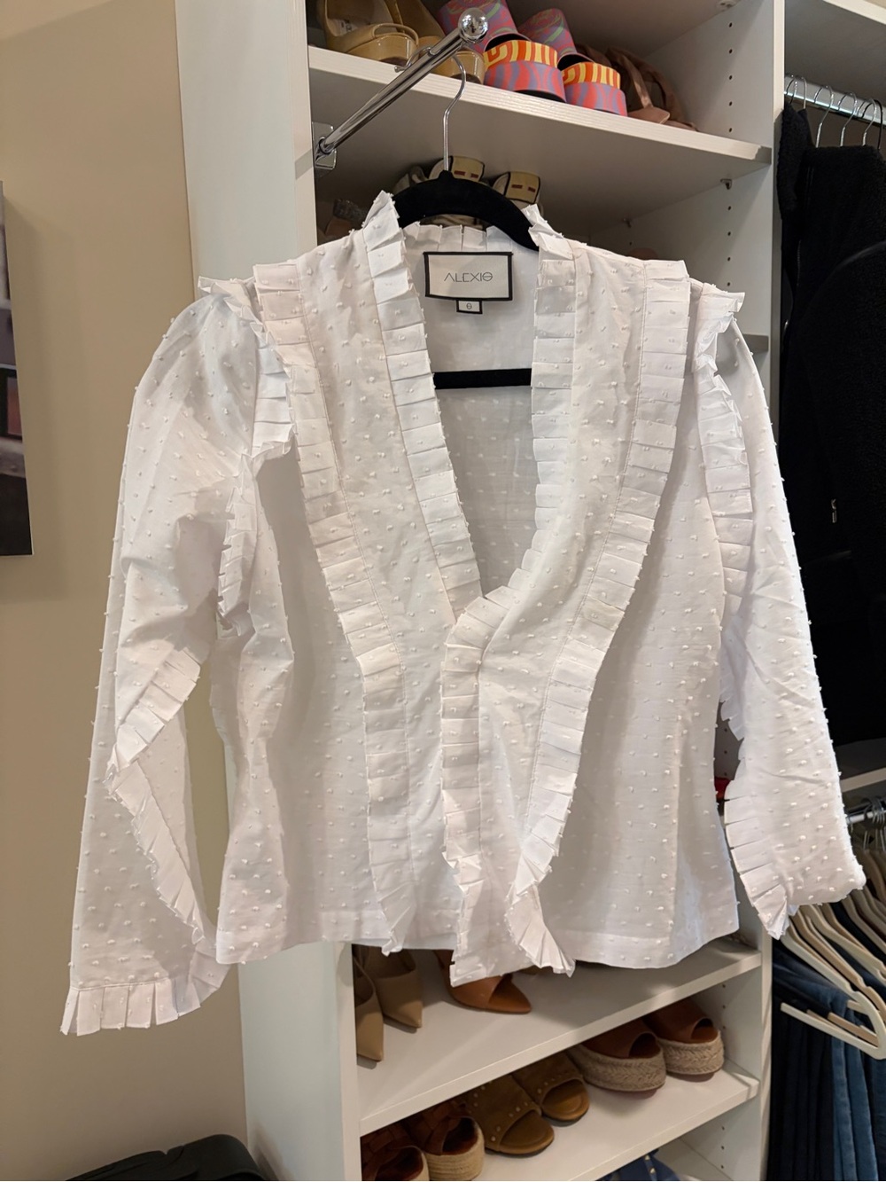 Alexis White Ruffle Swiss Dot V-Neck Blouse